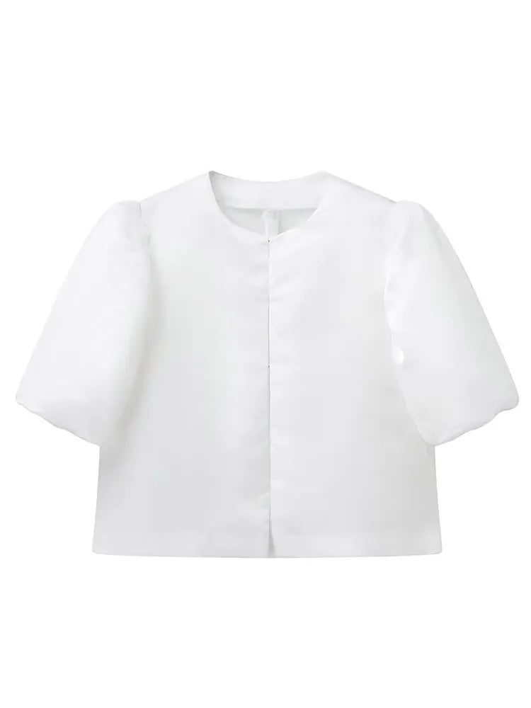 Hermina | Chic Vit Puffärmad Blus – Satin För Eleganta Tillfällen 6