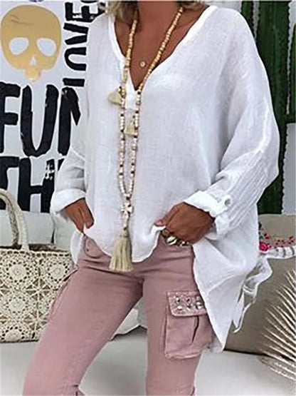 Women's Oversized Blouse White Size M Cotton - Airy Summer Top for Women-4