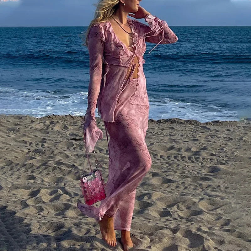Lorys | Elegant Sheer Sleeve Set – Blå Maxikjol För Formella Tillfällen 2