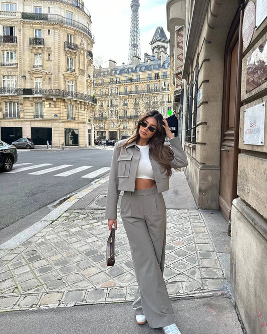Kendall Women's Outfit - Chic Jacket & Wide Leg Pants Set for Versatile Style-1