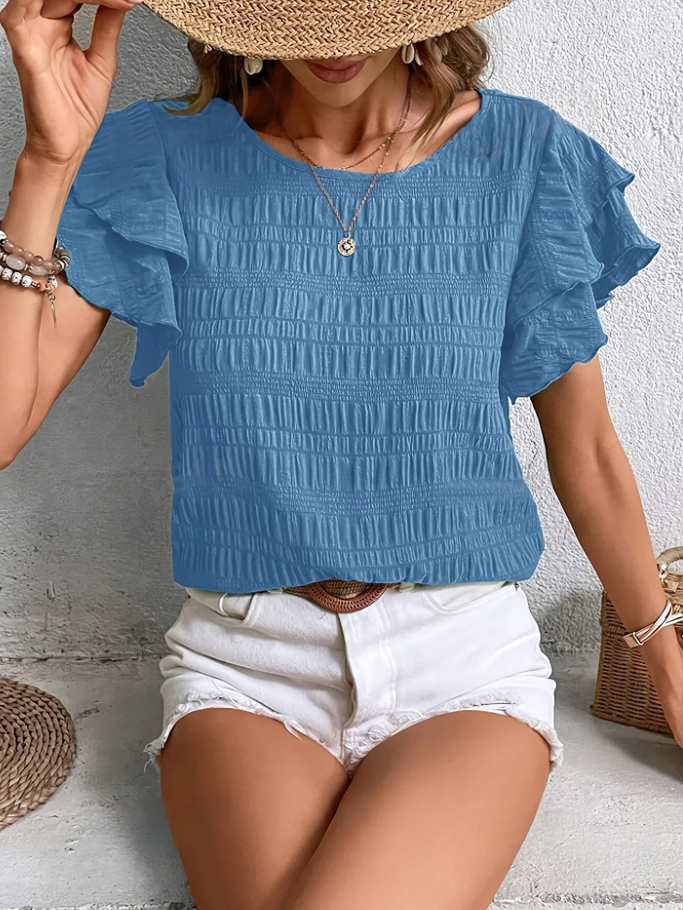 Women's Blouse Red Size M Lightweight Cotton Ruffled Summer Top-6