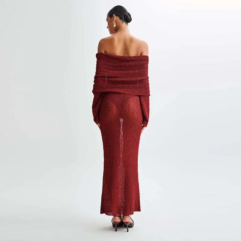 Katarina | Elegant Off the Shoulder Maxiklänning Dam – Flare Ärmar med Intrikata Hål 10