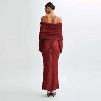 Katarina | Elegant Off the Shoulder Maxiklänning Dam – Flare Ärmar med Intrikata Hål 10