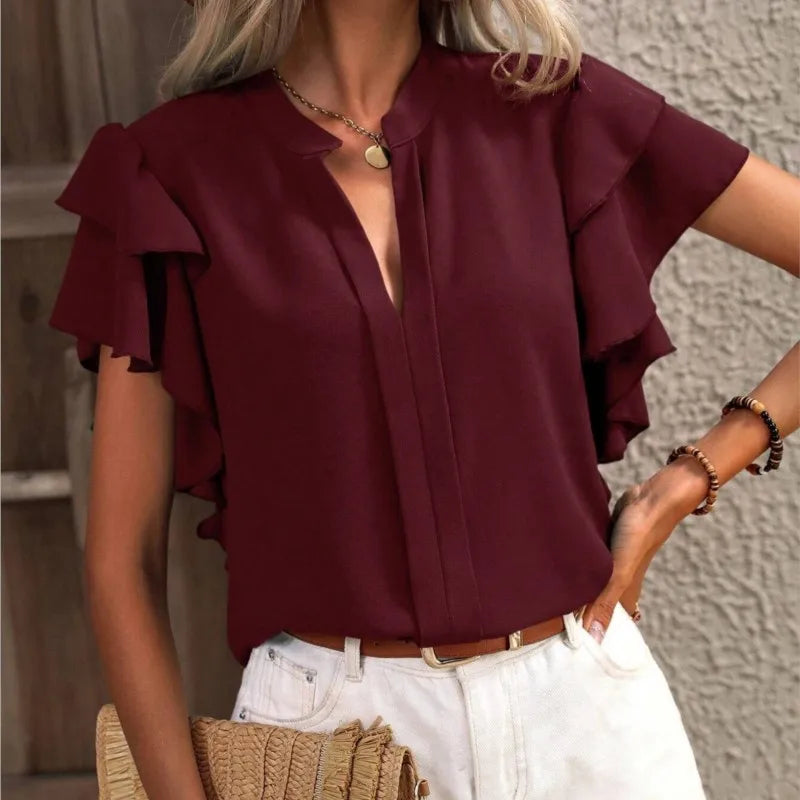 Variant image for Women's Blouse Pink Size M Polyester with Double Ruffle Sleeves-11