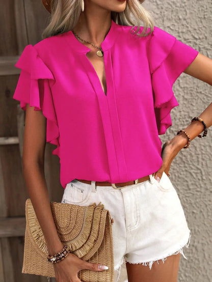 Women's Blouse Pink Size M Polyester with Double Ruffle Sleeves-2