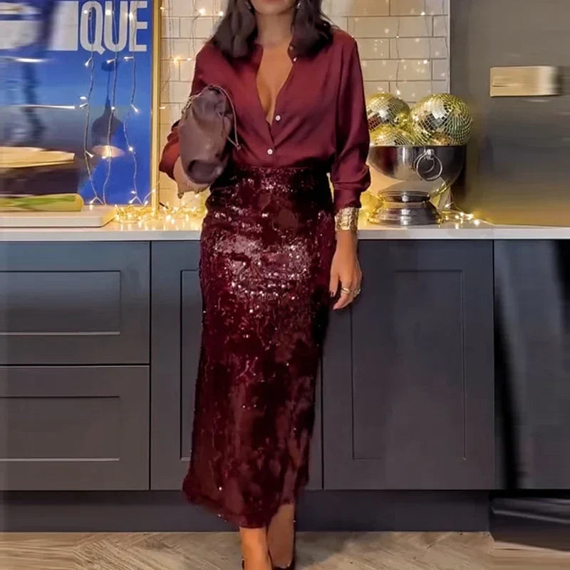 Kenisha | Glamourös Paljettskjorta och Kjol Set för Speciella Tillfällen 4
