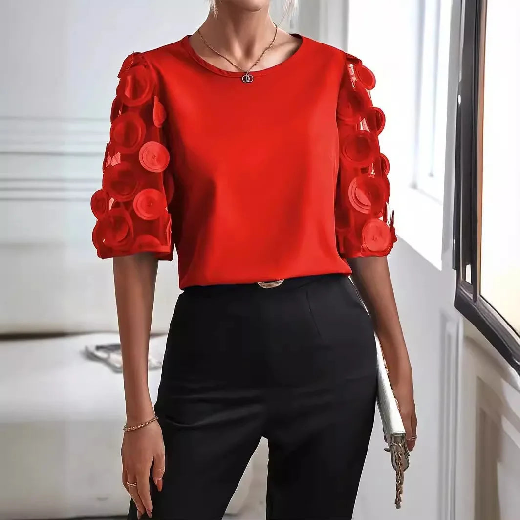 Variant image for Women's Blouse Pink Size M Soft Fabric Puff Sleeve Top-8