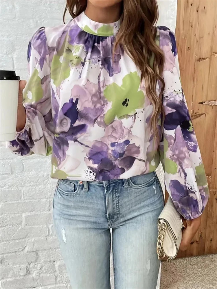 Karien | Elegant Blommig Blus – Höghals och Ballongärmar För Varje Tillfälle 6