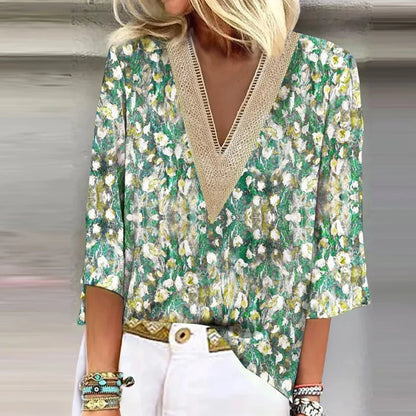 Women's Blouse Blue Size M Cotton Floral Print Summer Top-2