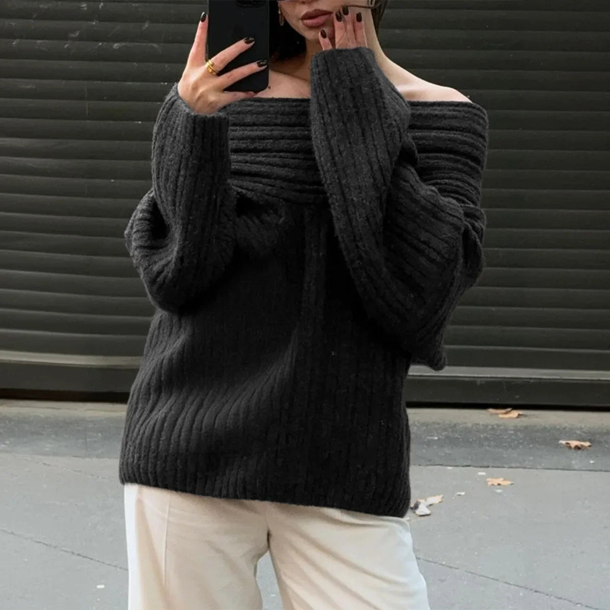 Clascois | Off-Shoulder Ribbed Sweater