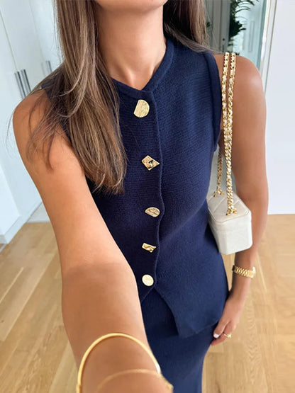 Keira | Chic Stickad Kjol Och Rund Halsvästuppsättning – För Eleganta Tillfällen 6
