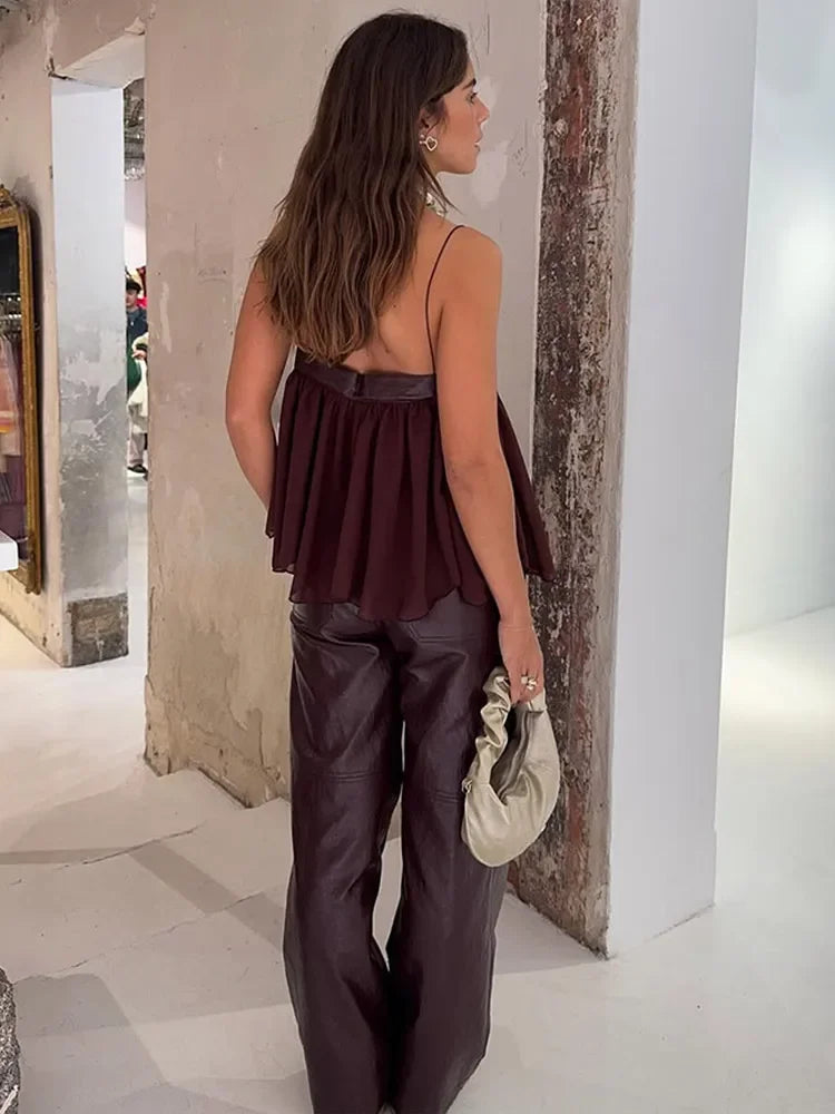 Githa | Elegant Bourgogne Ruffle Crop Topp För En Feminin Look 3