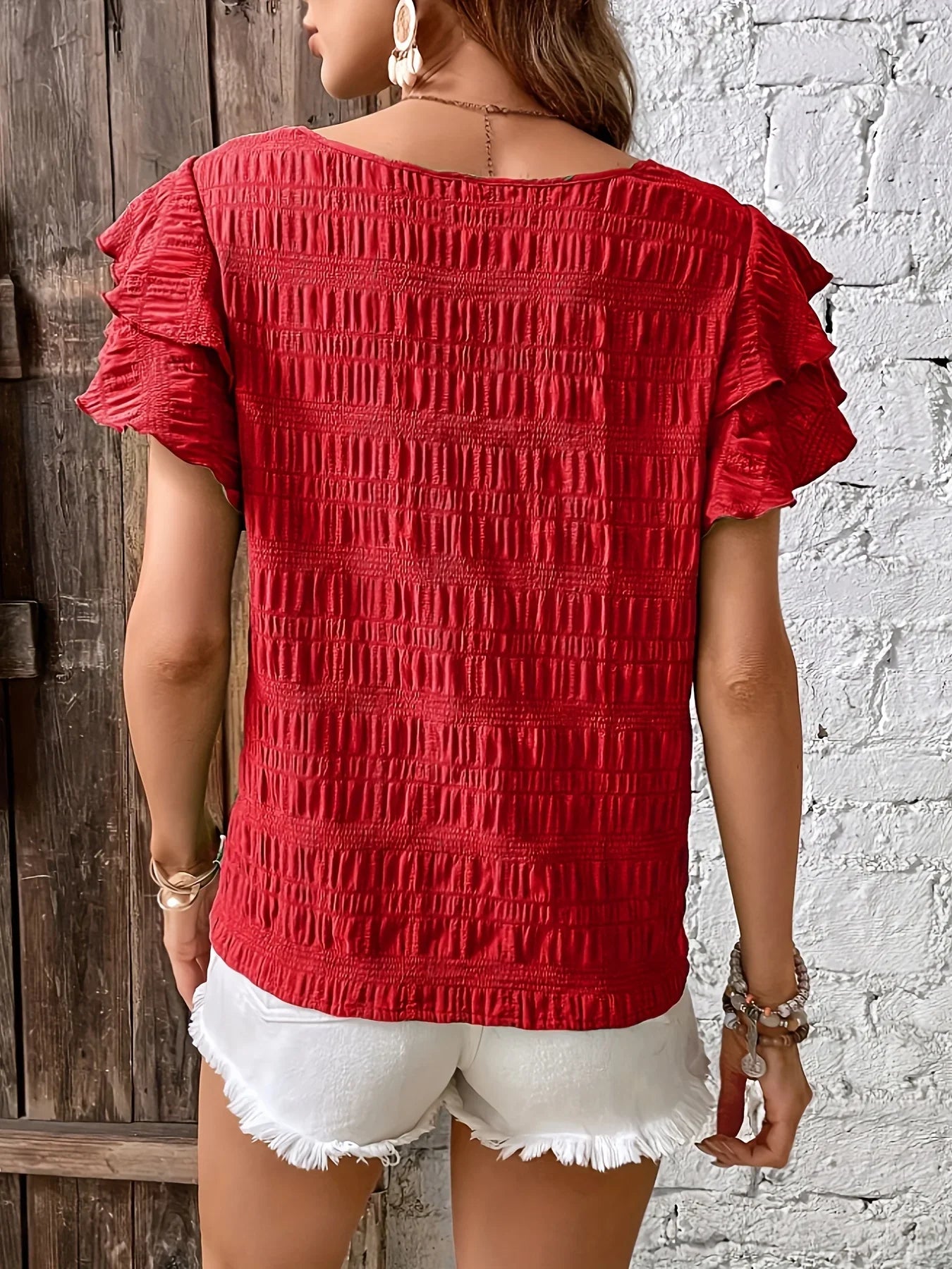Women's Blouse Red Size M Lightweight Cotton Ruffled Summer Top-2