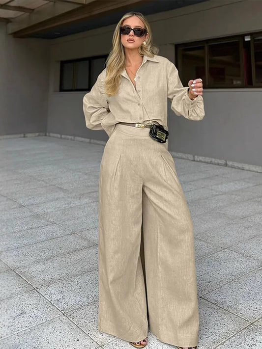Katherine | Stilig Linne Set Dam – Khaki för Komfort och Avslappnad Passform 1