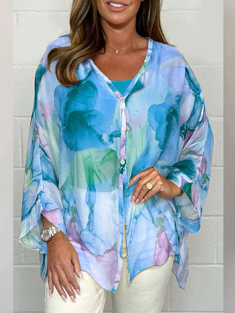 Variant image for Women's Blouse Yellow Size M Cotton Oversized Watercolor Print Summer Top-25