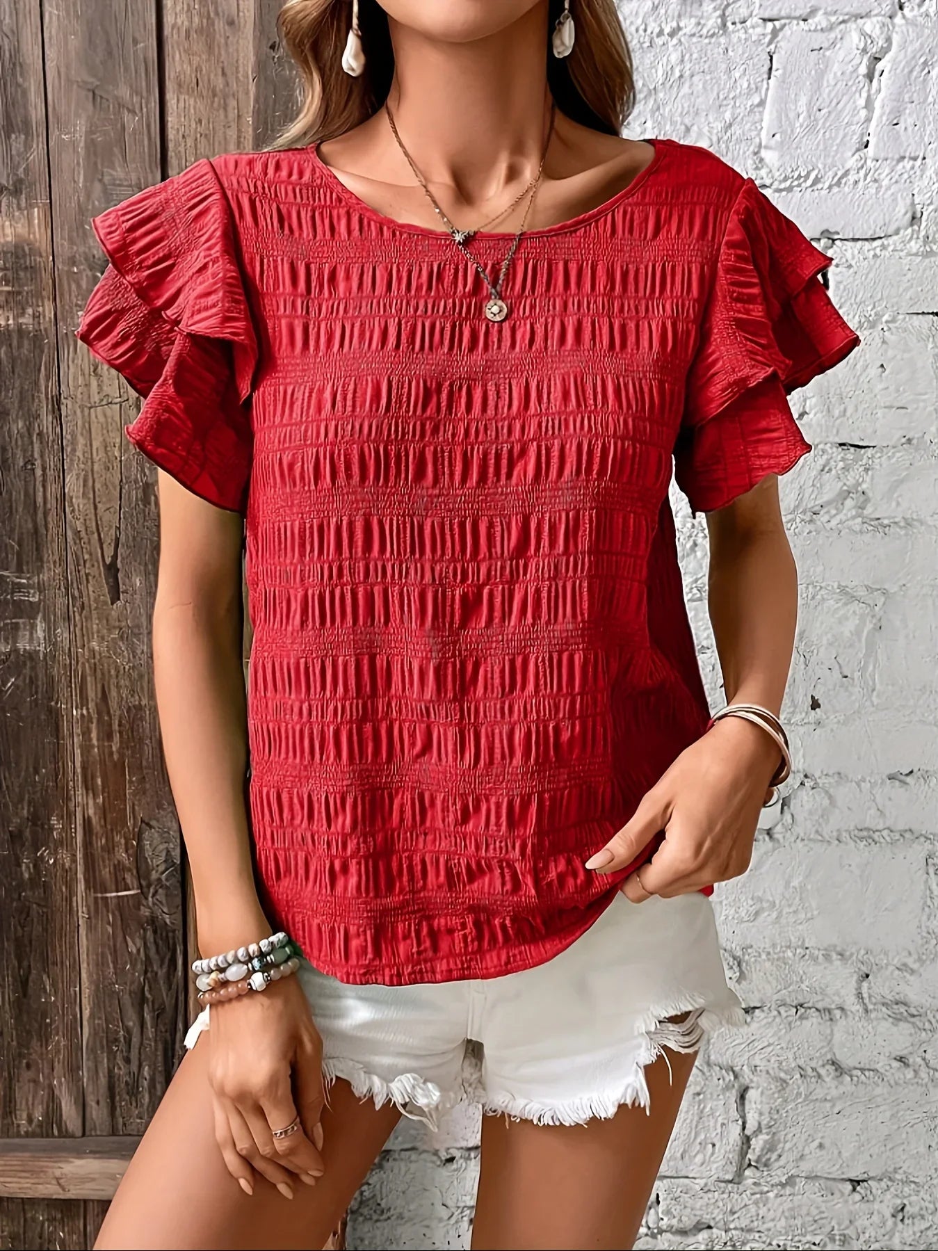 Women's Blouse Red Size M Lightweight Cotton Ruffled Summer Top-5