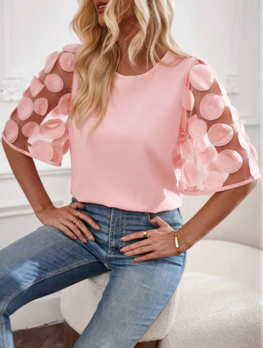Women's Blouse Pink Size M Soft Fabric Puff Sleeve Top-1