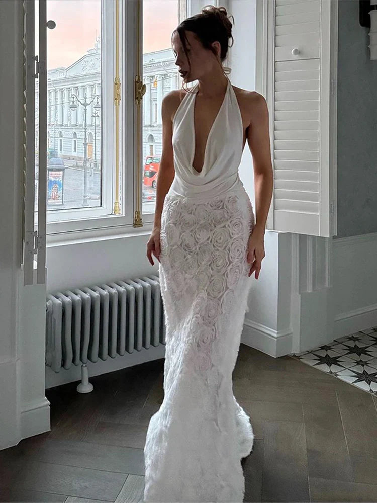 Nicasia | Elegant Långklänning Dam – Rygglös Design Med Lapptäcksmönster 5