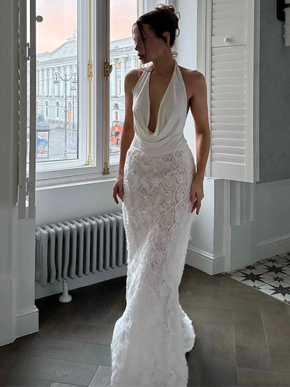 Nicasia | Elegant Långklänning Dam – Rygglös Design Med Lapptäcksmönster 5