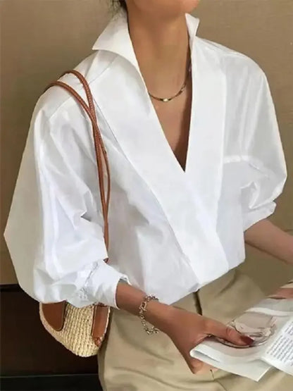 Simona | Elegant V-ringningsblus Dam – Vit Mångsidig Stil och Komfort 2