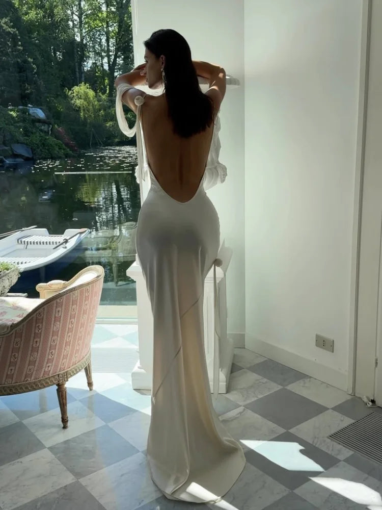 Zofia | Elegant Långklänning – Satinblommor För Fest Och Bröllop 5