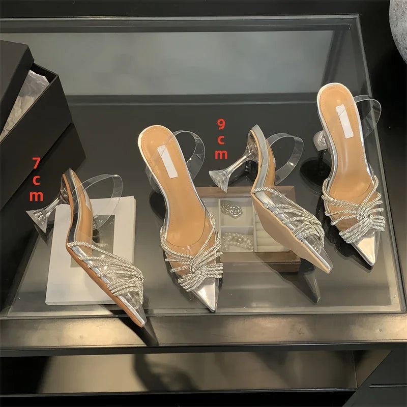Twyla | Eleganta Höga Klackar – Silvertransparent Spetsig Tå Med Kristalldetaljer 4