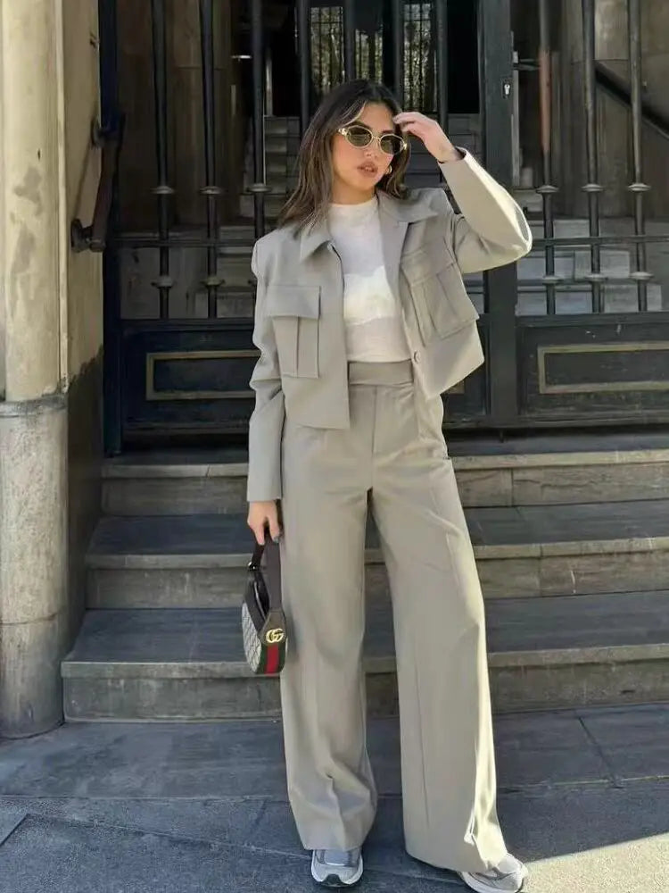 Women's Outfit Black Size M Polyester Chic Jacket and Wide Leg Pants Set-6