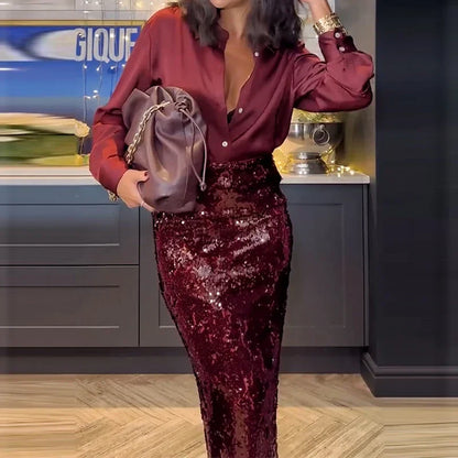 Kenisha | Glamourös Paljettskjorta och Kjol Set för Speciella Tillfällen 5