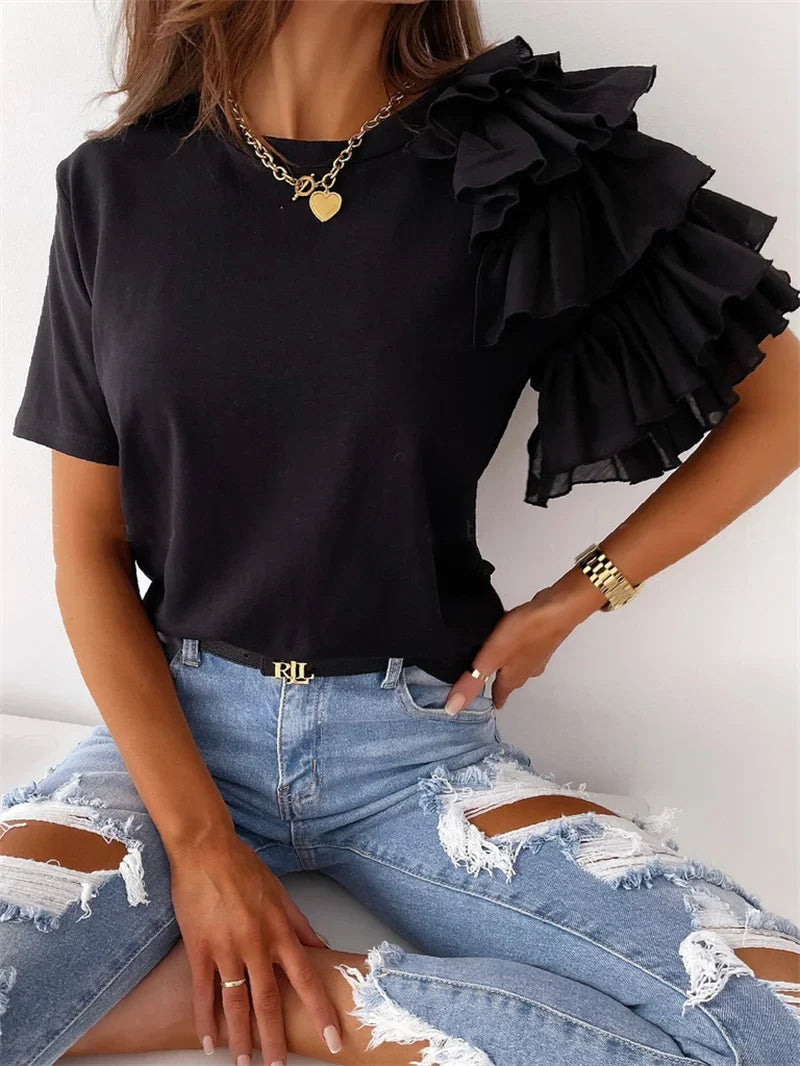 Women's Going Out Top Black Size M Soft Fabric Ruffle Blouse-2