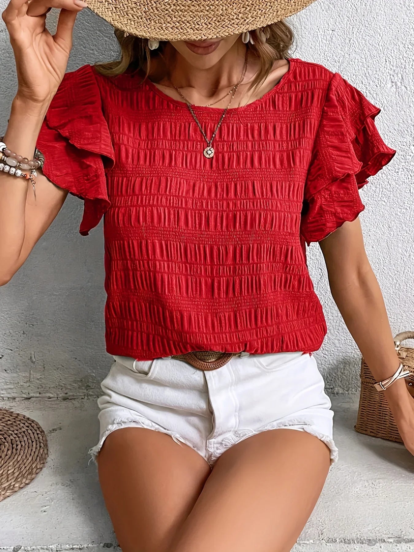 Variant image for Women's Blouse Red Size M Lightweight Cotton Ruffled Summer Top-6