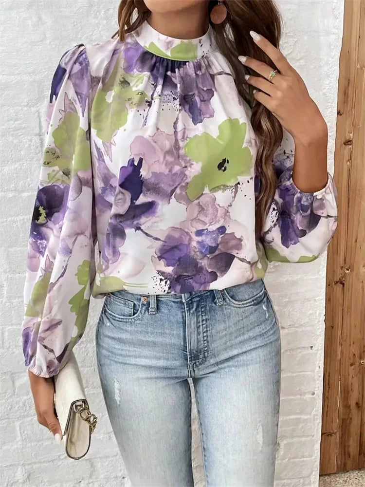 Karien | Elegant Blommig Blus – Höghals och Ballongärmar För Varje Tillfälle 1