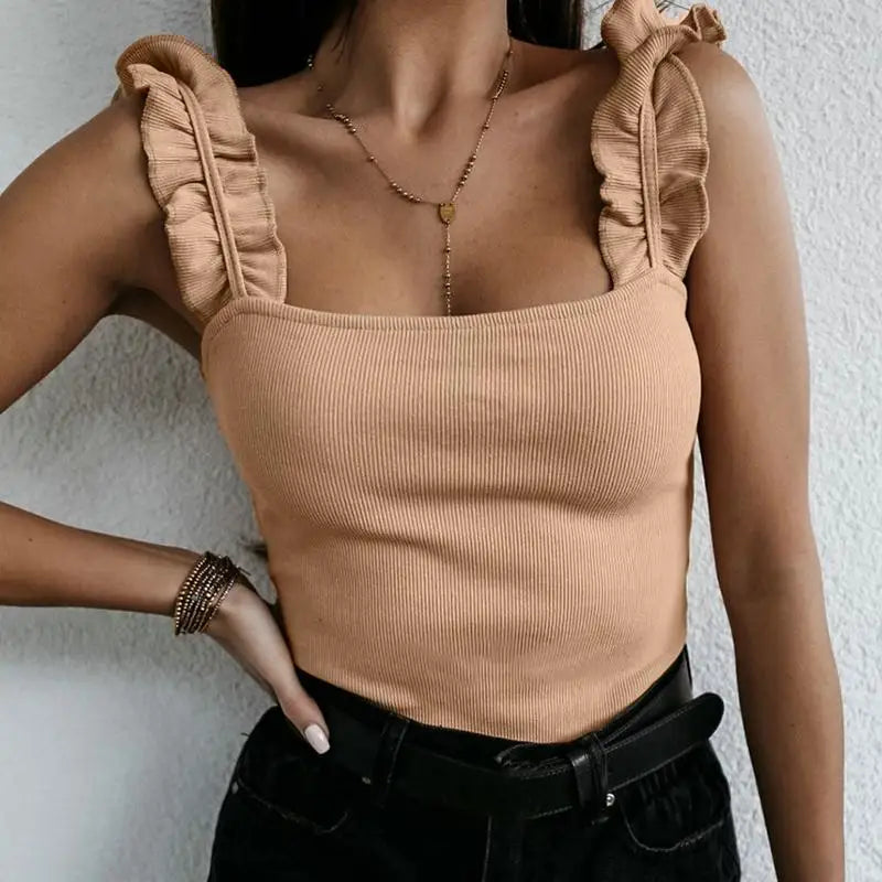Women's Crop Top White Size M Cotton with Ruffles-5