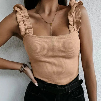 Variant image for Women's Crop Top White Size M Cotton with Ruffles-7