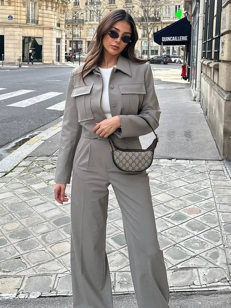 Kendall Women's Outfit - Chic Jacket & Wide Leg Pants Set for Versatile Style-2