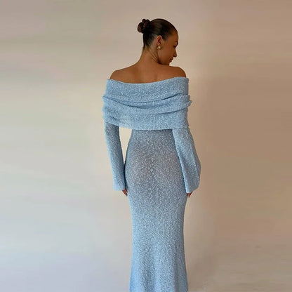 Katarina | Elegant Off the Shoulder Maxiklänning Dam – Flare Ärmar med Intrikata Hål 11