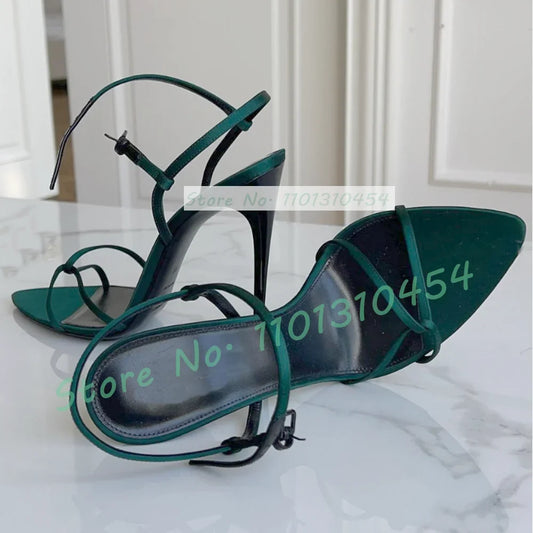 Maribelle | Eleganta Grön Satin Sandaler Dam med Tvärrem 1