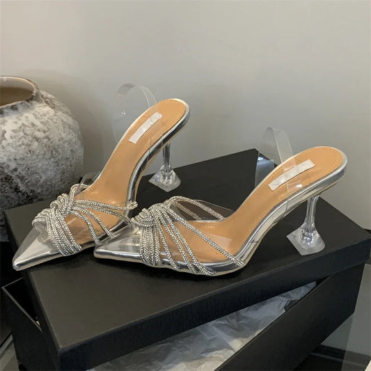 Twyla | Eleganta Höga Klackar – Silvertransparent Spetsig Tå Med Kristalldetaljer 1