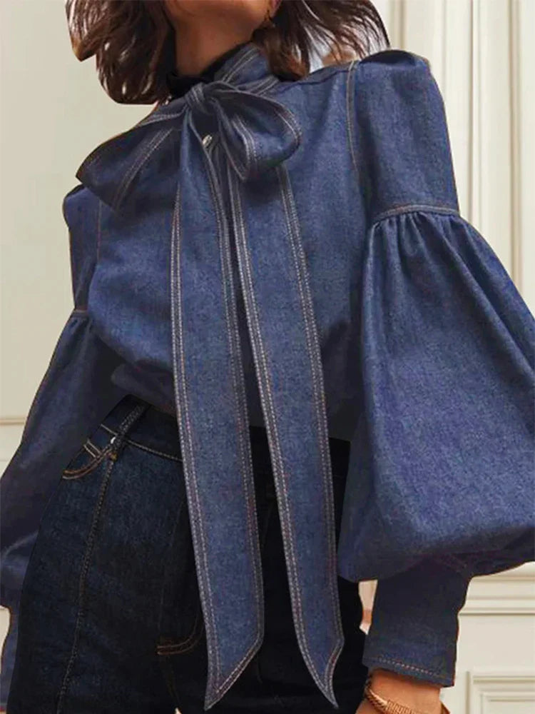Heidi | Blusar Dam Puffhylsa Denimblus – Elegant Stil med Feminin Touch 2