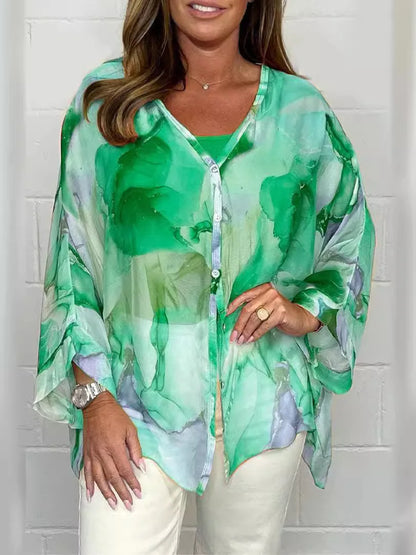 Variant image for Women's Blouse Yellow Size M Cotton Oversized Watercolor Print Summer Top-7