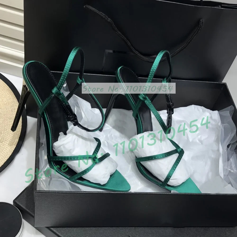 Maribelle | Eleganta Grön Satin Sandaler Dam med Tvärrem 4