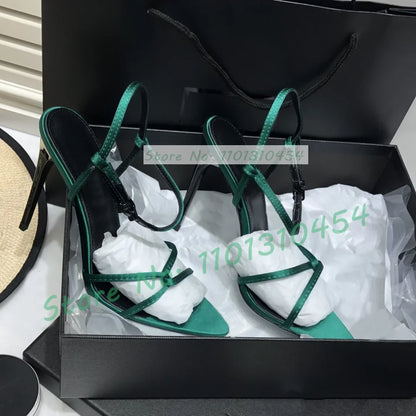 Maribelle | Eleganta Grön Satin Sandaler Dam med Tvärrem 4