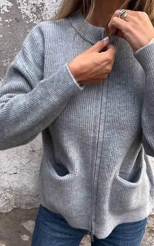 Odile | Tidlös Stickad Bomullsjacka Med Blixtlås För Elegant Stil-2