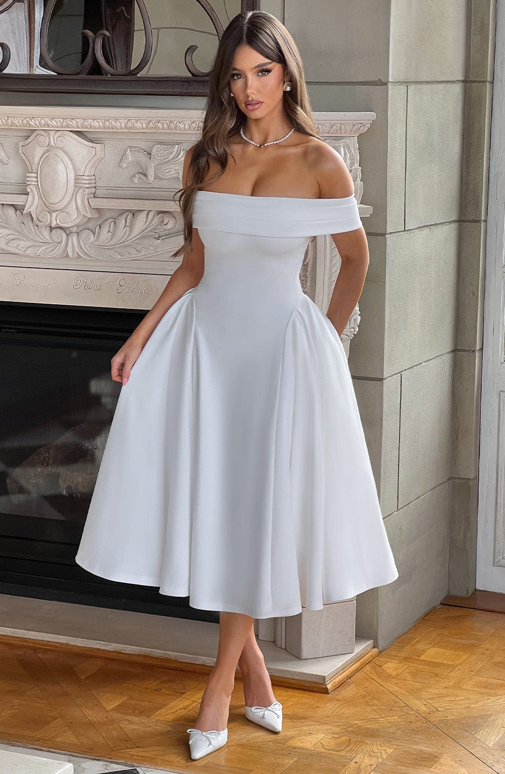 Olivia | Elegant Off-Shoulder Veckad Midiklänning Dam – För Nyårsfirande 2