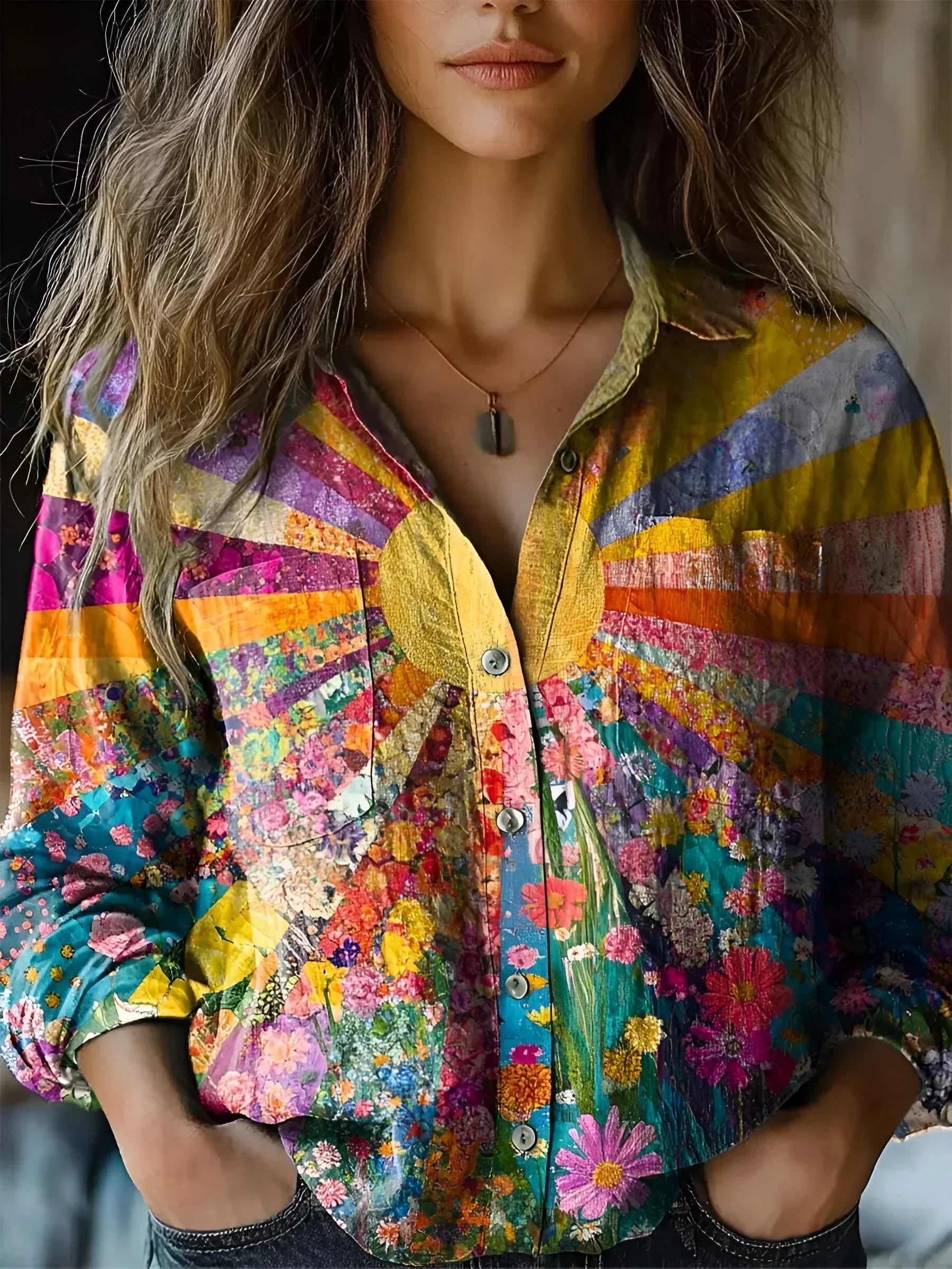 Women's Blouse Yellow Size M Cotton Sunflower Design-1