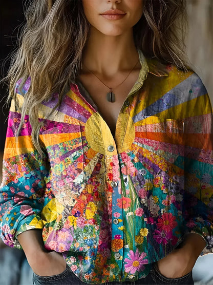Women's Blouse Yellow Size M Cotton Sunflower Design-1