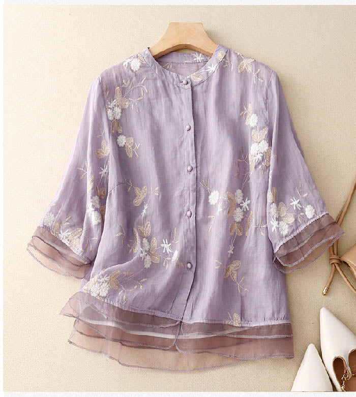Women's Blouse Beige Size M Airy Fabric with Embroidered Details-6