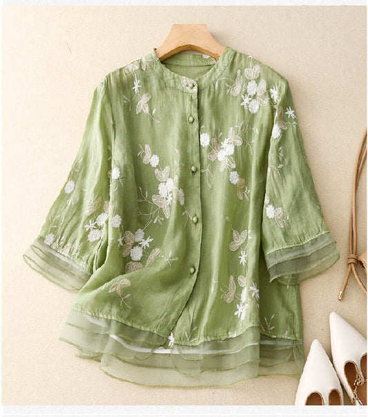 Women's Blouse Beige Size M Airy Fabric with Embroidered Details-1